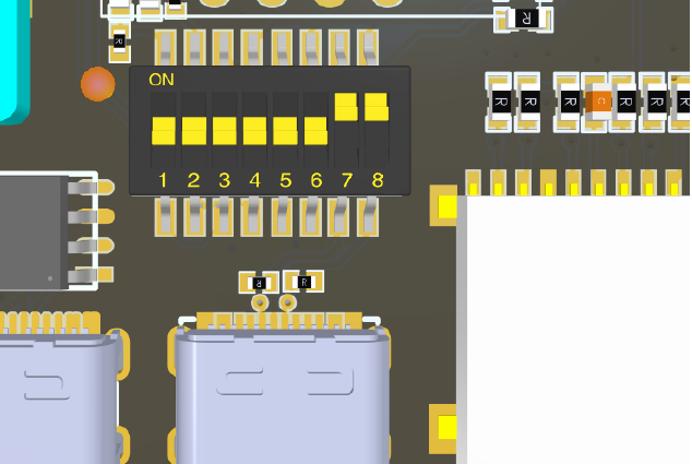 Fly-Gemini V2 DIP Switches set for connecting the external USB-C port to the STM32F405 MCU